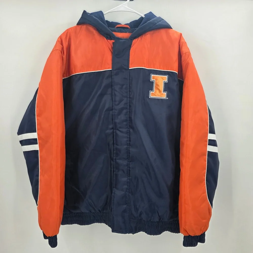 VINTAGE 90S ILLINOIS FIGHTING ILLINI PUFFER JACKET MENS LARGE BLUE ORANGE NEW!!
